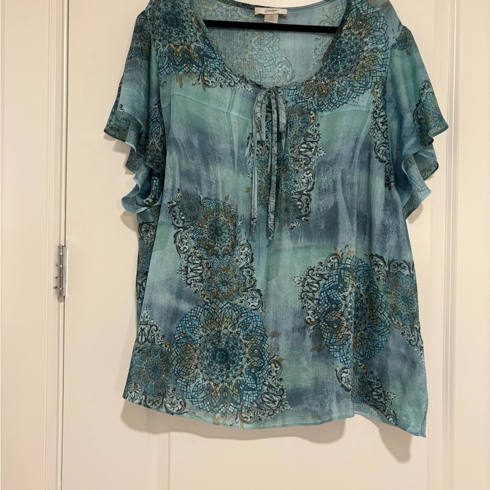 CJ Banks Blue Ruffled Flutter Sleeve Blouse